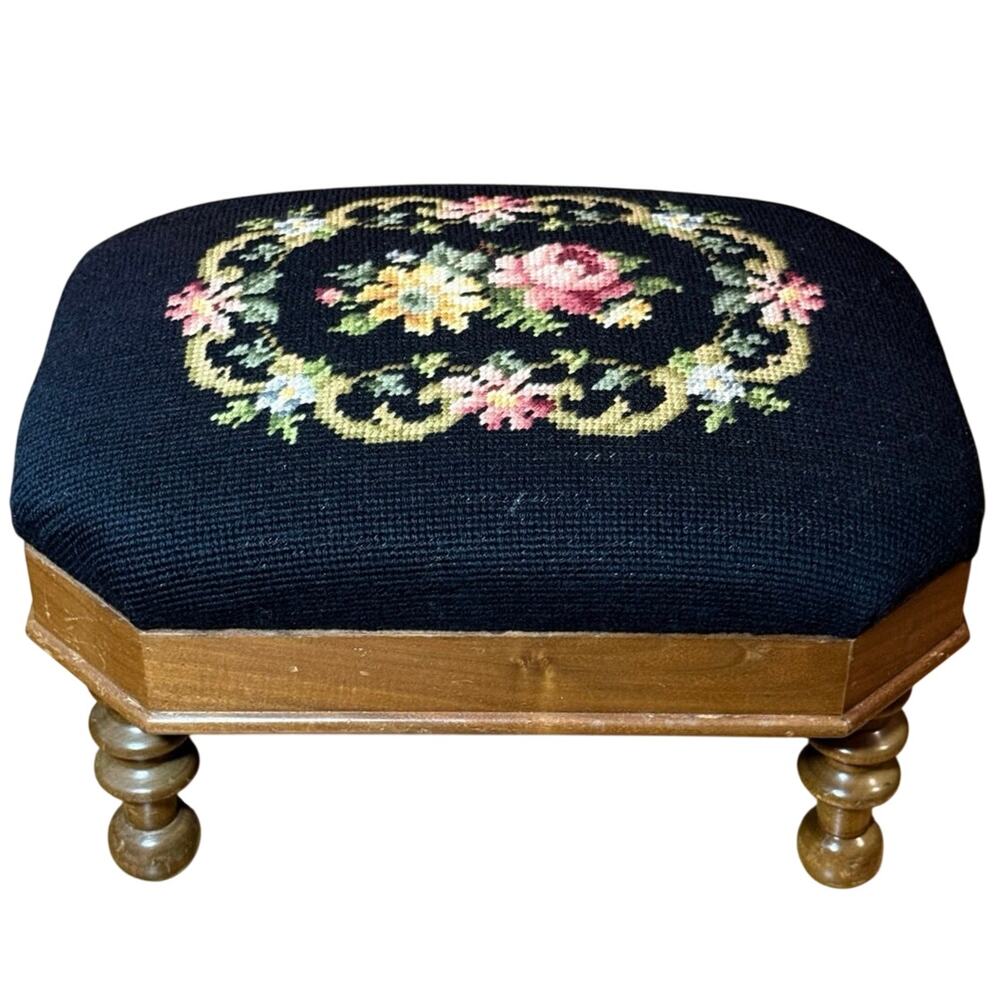 Vintage Wooden Footstool Needlepoint Floral Rose Cushion Turned Wood Legs Accent